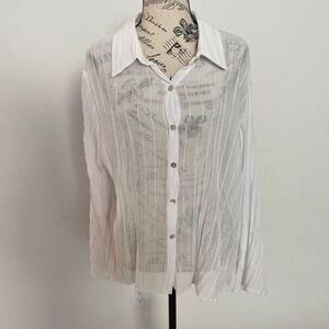 Caribe Woman Sheer White Striped Long Sleeve Button Up Shirt‎ Blouse X-Large